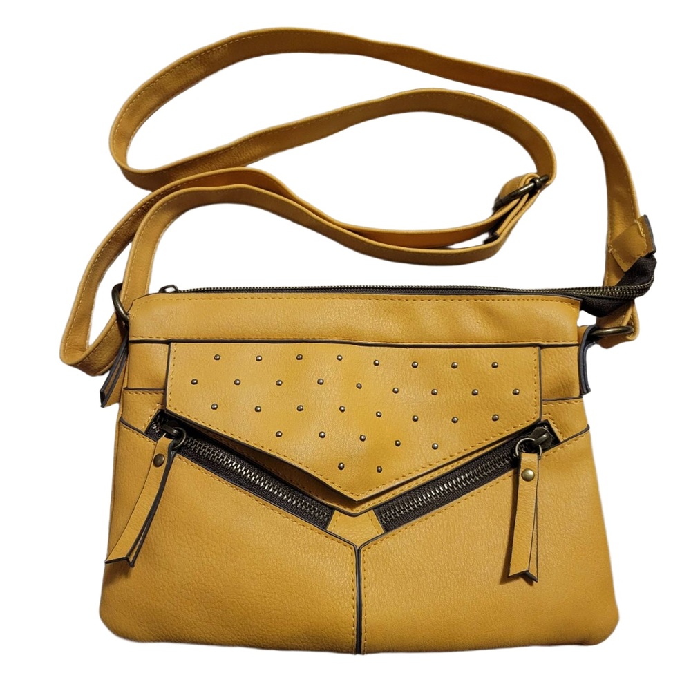 Crossbody Purse Studded Pebbled Zipper Pockets Adjustable Strap Mustard Yellow